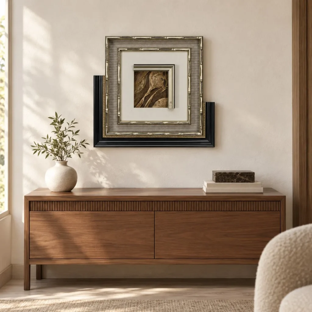 Small Bronze Motif in Layered Silver and Black Frame, 60 x — front view