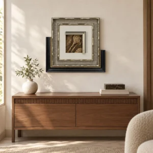 Small Bronze Motif in Layered Silver and Black Frame, 60 x — front view