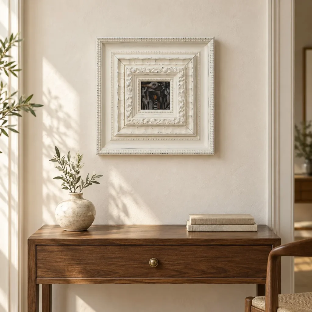 Small Dark Motif in Layered White Plaster Frame, 40 x 40 cm — front view