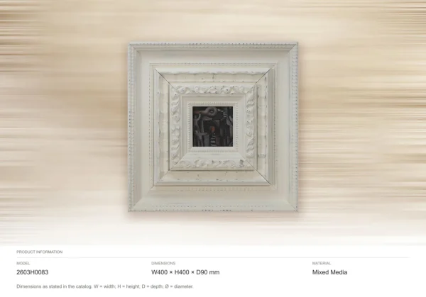 Small Dark Motif in Layered White Plaster Frame, 40 x 40 cm — dimensions