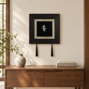 Small Silver Motif in Black Frame with Tassels, 30 x 30 cm — front view