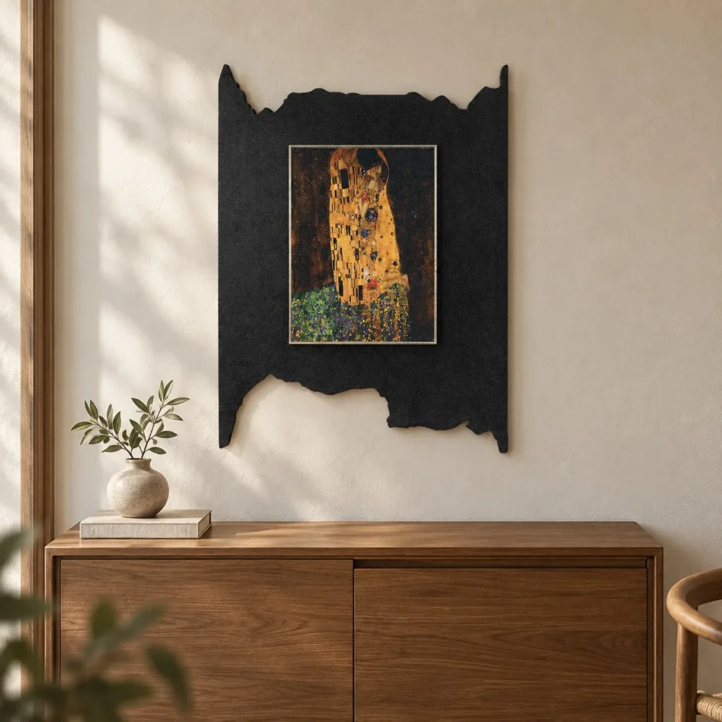 Golden Embrace Print on Torn Black Panel, 60 x 80 cm in brushed brass — front view