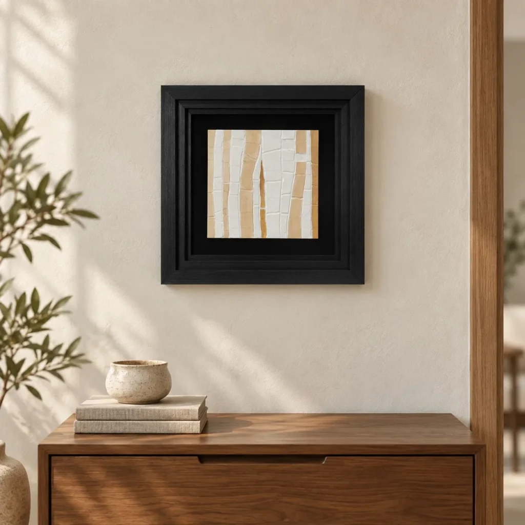 Small Torn Paper Strips in Black Frame, 40 x 40 cm — front view