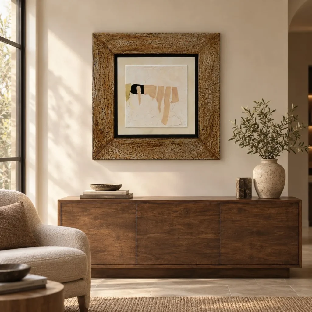 Torn Tan Paper Abstract in Rustic Wood Frame, 80 x 80 cm — front view