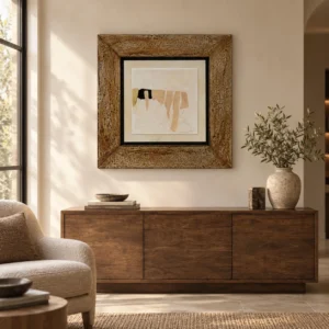 Torn Tan Paper Abstract in Rustic Wood Frame, 80 x 80 cm — front view
