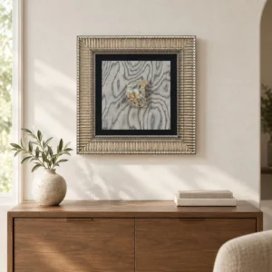 Small Stone on Marbled Wood in Ribbed Silver Frame, 60 x 60 — front view