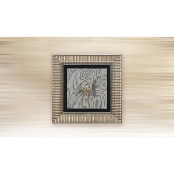 Small Stone on Marbled Wood in Ribbed Silver Frame, 60 x 60 — in a room setting