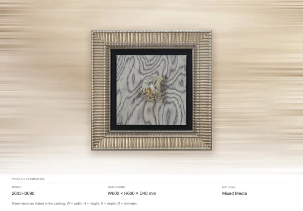 Small Stone on Marbled Wood in Ribbed Silver Frame, 60 x 60 — dimensions