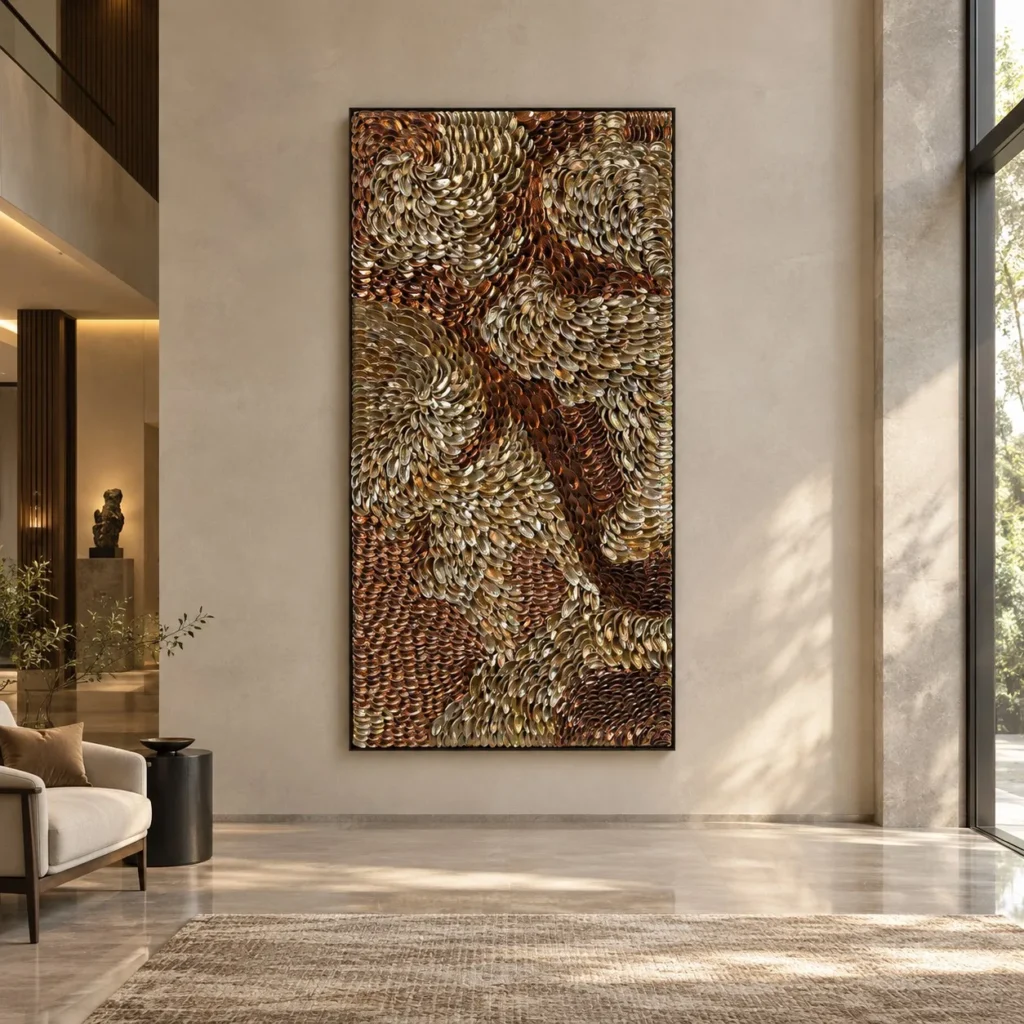 Tall Feathered Swirl Relief in Bronze and Cream, 90 x 180 cm — front view