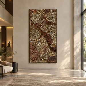 Tall Feathered Swirl Relief in Bronze and Cream, 90 x 180 cm — front view