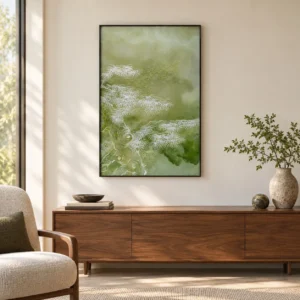 Green Blossom Wash Painting in Slim Frame, 60 x 90 cm — front view