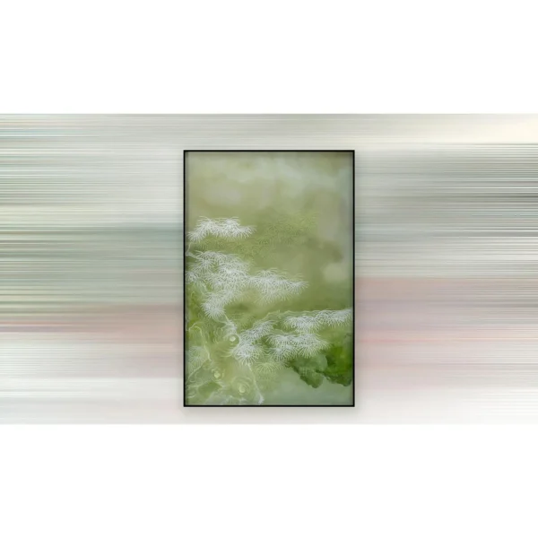 Green Blossom Wash Painting in Slim Frame, 60 x 90 cm — in a room setting