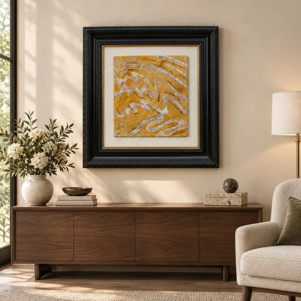 Gold Ripple Relief in Ornate Black Frame, 70 x 70 cm — front view