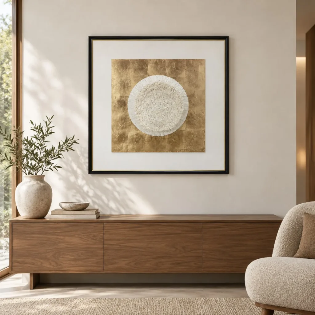 White Moon on Gold Leaf in Black Frame, 90 x 90 cm — front view