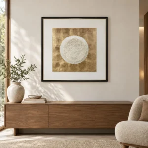 White Moon on Gold Leaf in Black Frame, 90 x 90 cm — front view