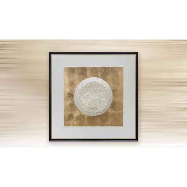 White Moon on Gold Leaf in Black Frame, 90 x 90 cm — in a room setting