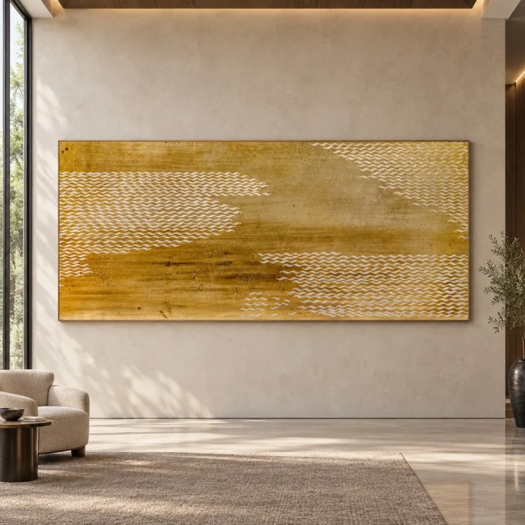 Monumental Gold Chevron Weave Panel, 320 x 140 cm in brushed brass — front view