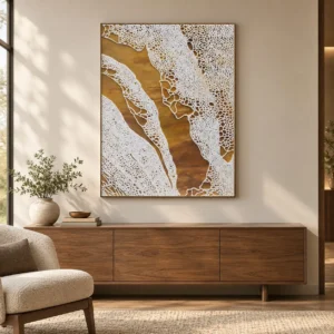 White Lace River on Gold Panel, 90 x 120 cm in brushed brass — front view