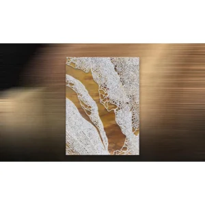 White Lace River on Gold Panel, 90 x 120 cm in brushed brass — in a room setting
