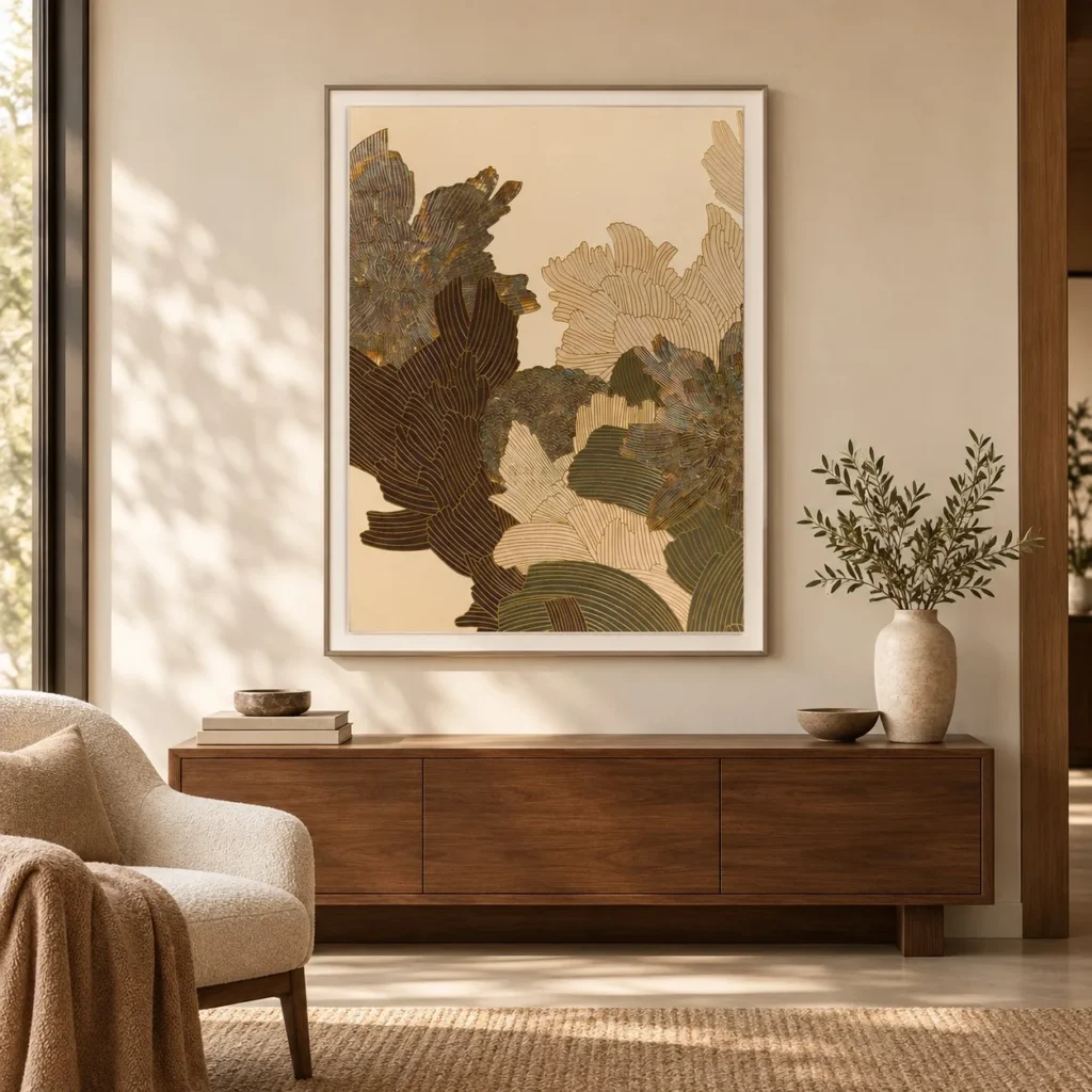 Peony Line Collage in Slim Frame, 100 x 130 cm — front view