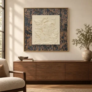 Cream Plaster Relief in Marbled Wood Frame, 70 x 70 cm — front view