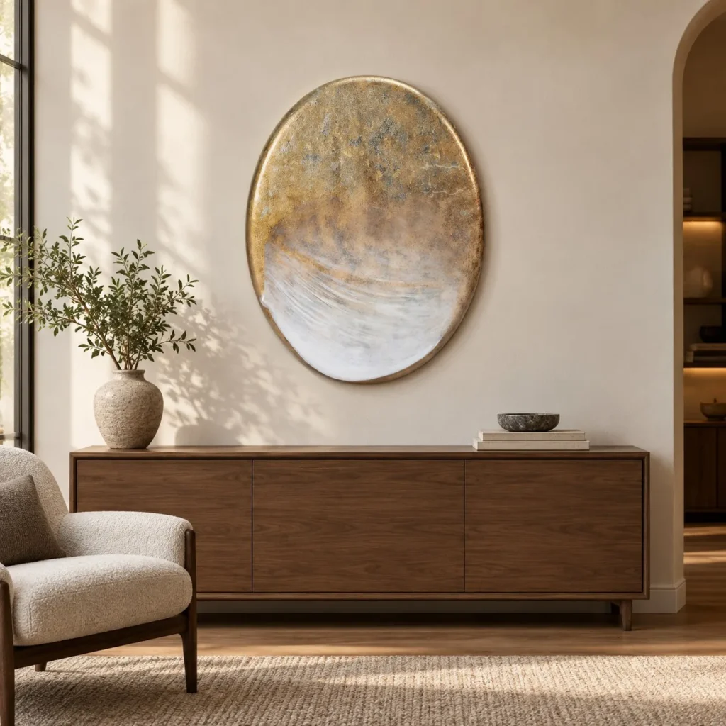 Oval Gold and Silver Leaf Disc Wall Art, 70 x 90 cm in brushed brass — front view