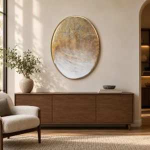 Oval Gold and Silver Leaf Disc Wall Art, 70 x 90 cm in brushed brass — front view