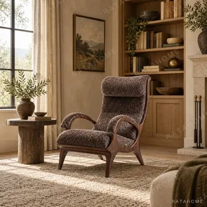Mocha Wingback Lounge Chair in Brown Fabric on Wood Frame — in a room setting