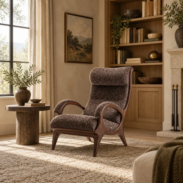 Mocha Wingback Lounge Chair in Brown Fabric on Wood Frame — in a room setting