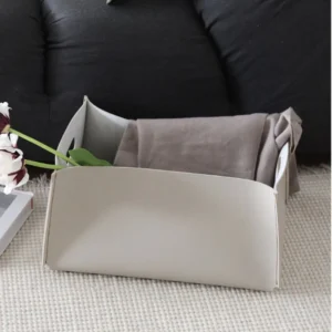 Cream Leather Rectangular Storage Box with Cut-Out Handles in oatmeal — front view