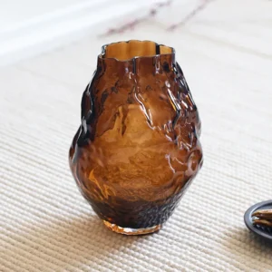Hammered Amber Glass Round-Belly Vase, Three Sizes in clay — front view