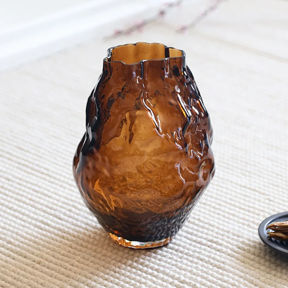 Hammered Amber Glass Round-Belly Vase, Three Sizes in clay — front view
