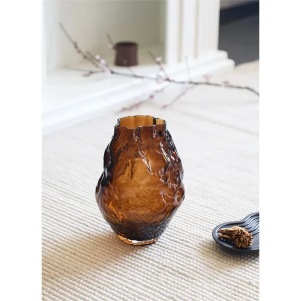 Hammered Amber Glass Round-Belly Vase, Three Sizes in clay — in a room setting