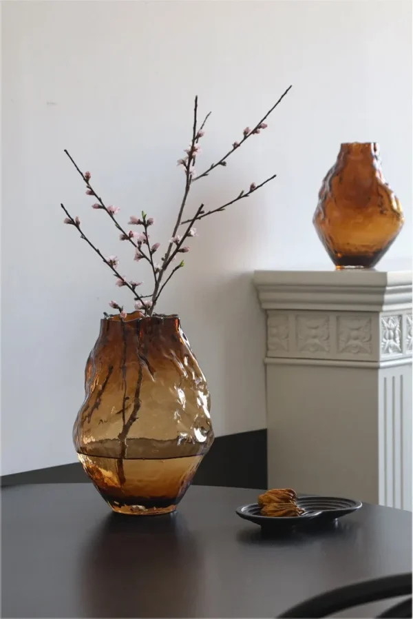 Hammered Amber Glass Round-Belly Vase, Three Sizes in clay — in a room setting