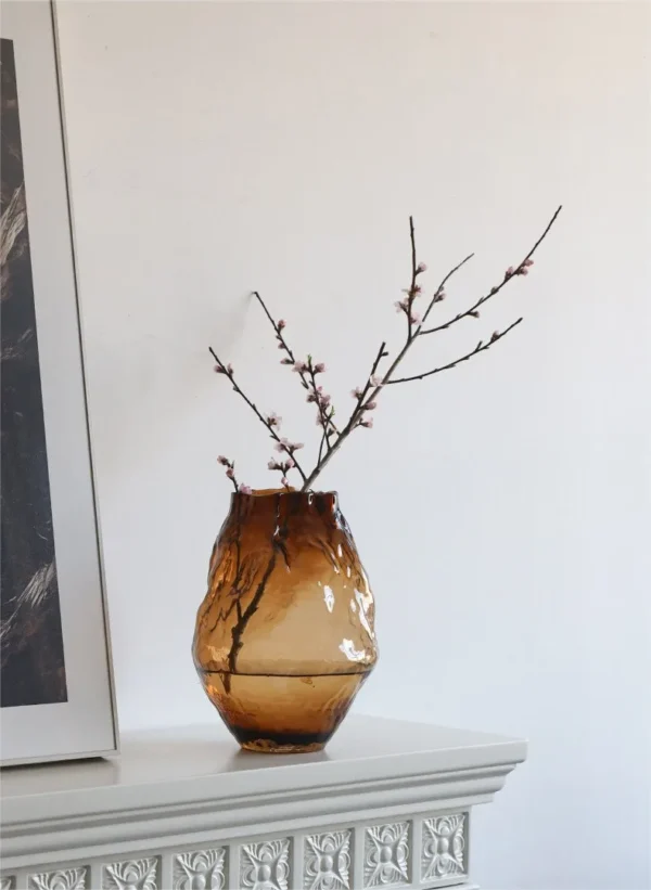 Hammered Amber Glass Round-Belly Vase, Three Sizes in clay — in a room setting