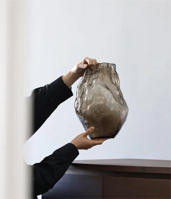 Hammered Amber Glass Round-Belly Vase, Three Sizes in clay — in a room setting
