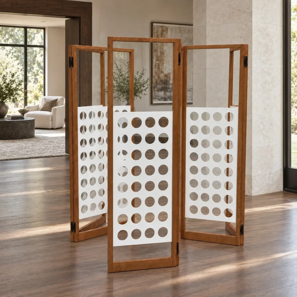 Perforated Panel Folding Screen in Wood and White — front view
