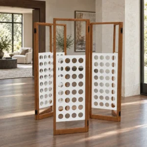 Perforated Panel Folding Screen in Wood and White — front view