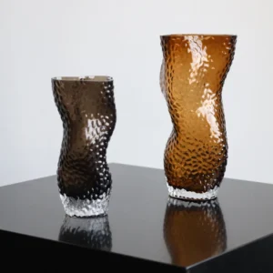 Hammered Amber Glass Twisted Vases, Short or Tall in clay — front view