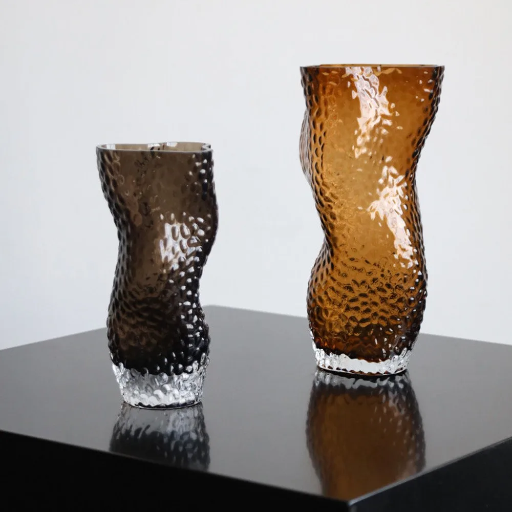 Hammered Amber Glass Twisted Vases, Short or Tall in clay — front view