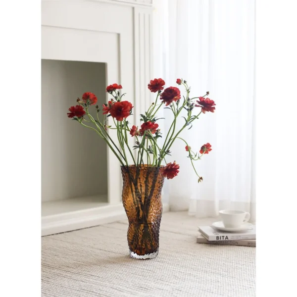 Hammered Amber Glass Twisted Vases, Short or Tall in clay — in a room setting