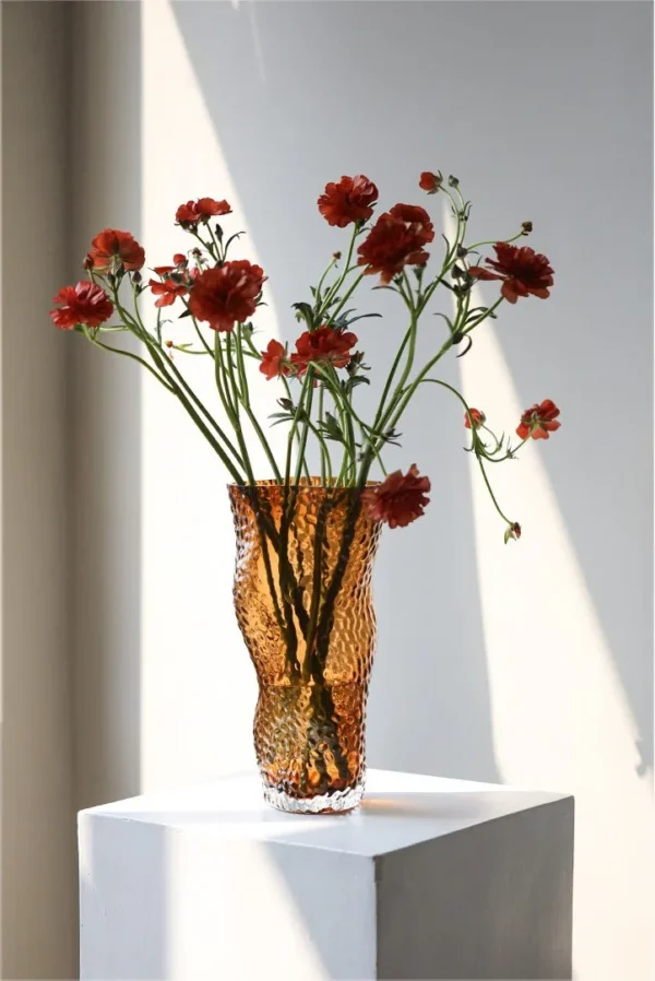 Hammered Amber Glass Twisted Vases, Short or Tall in clay — in a room setting