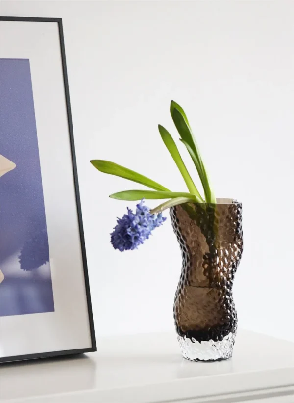 Hammered Amber Glass Twisted Vases, Short or Tall in clay — in a room setting