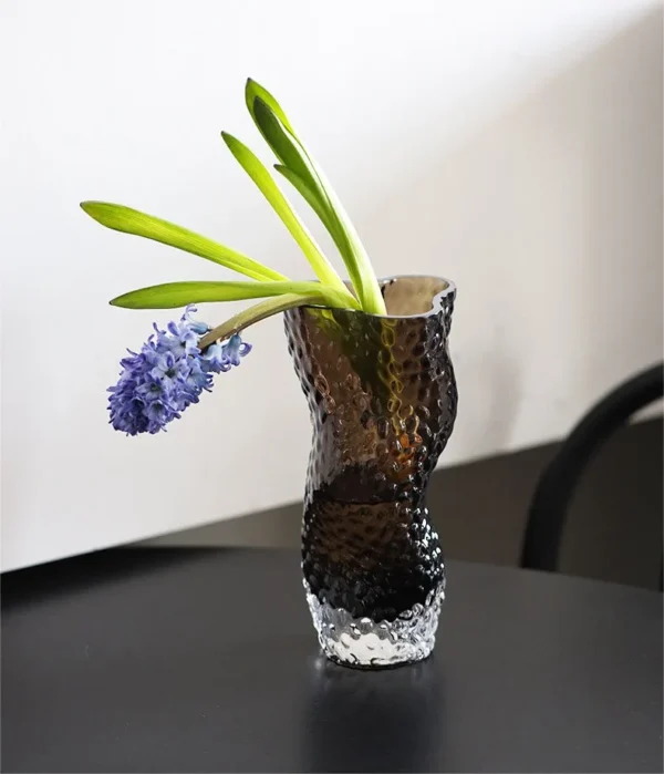 Hammered Amber Glass Twisted Vases, Short or Tall in clay — in a room setting