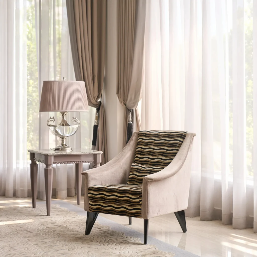 Modern Vintage Armchair in oatmeal — front view