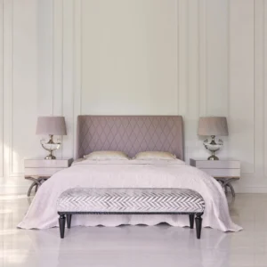 Lavender Leather Diamond-Stitched Bed with Nightstands in plum — front view