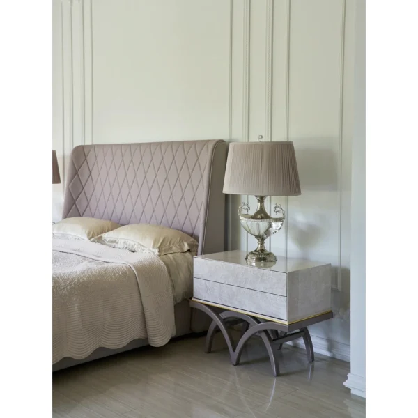 Lavender Leather Diamond-Stitched Bed with Nightstands in plum — in a room setting