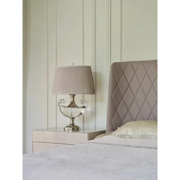 Lavender Leather Diamond-Stitched Bed with Nightstands in plum — in a room setting