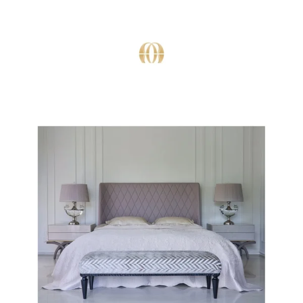 Lavender Leather Diamond-Stitched Bed with Nightstands in plum — in a room setting