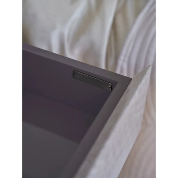 Lavender Leather Diamond-Stitched Bed with Nightstands in plum — in a room setting